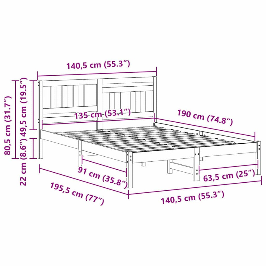 Bedframe met hoofdeinde Bruin 135 x 190 cm Massief grenenhout
