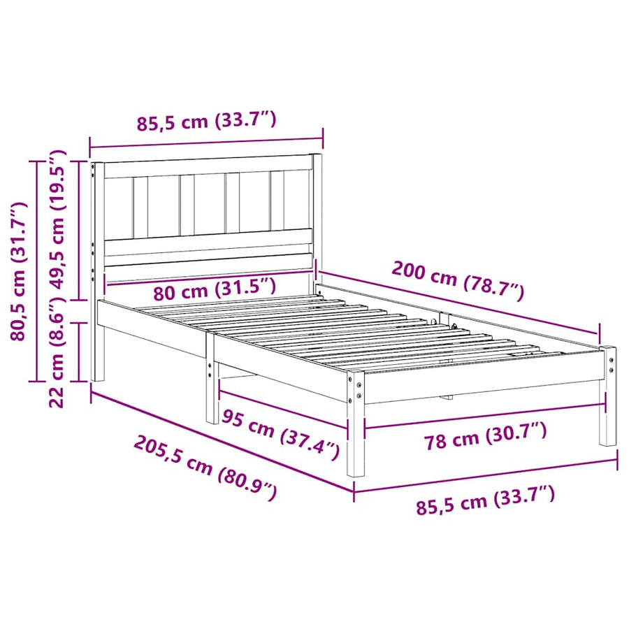 Bedframe met hoofdeinde Bruin 80 x 200 cm Massief grenenhout