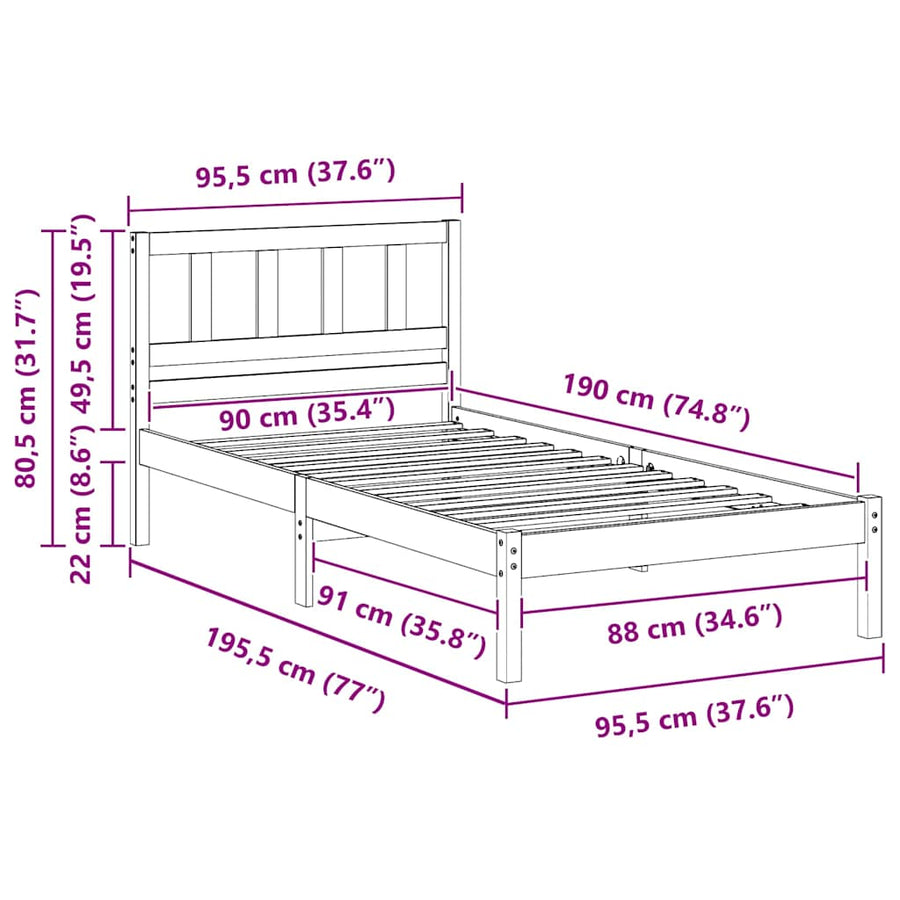 Bedframe met hoofdeinde Wasbruin 90 x 190 cm Massief grenenhout