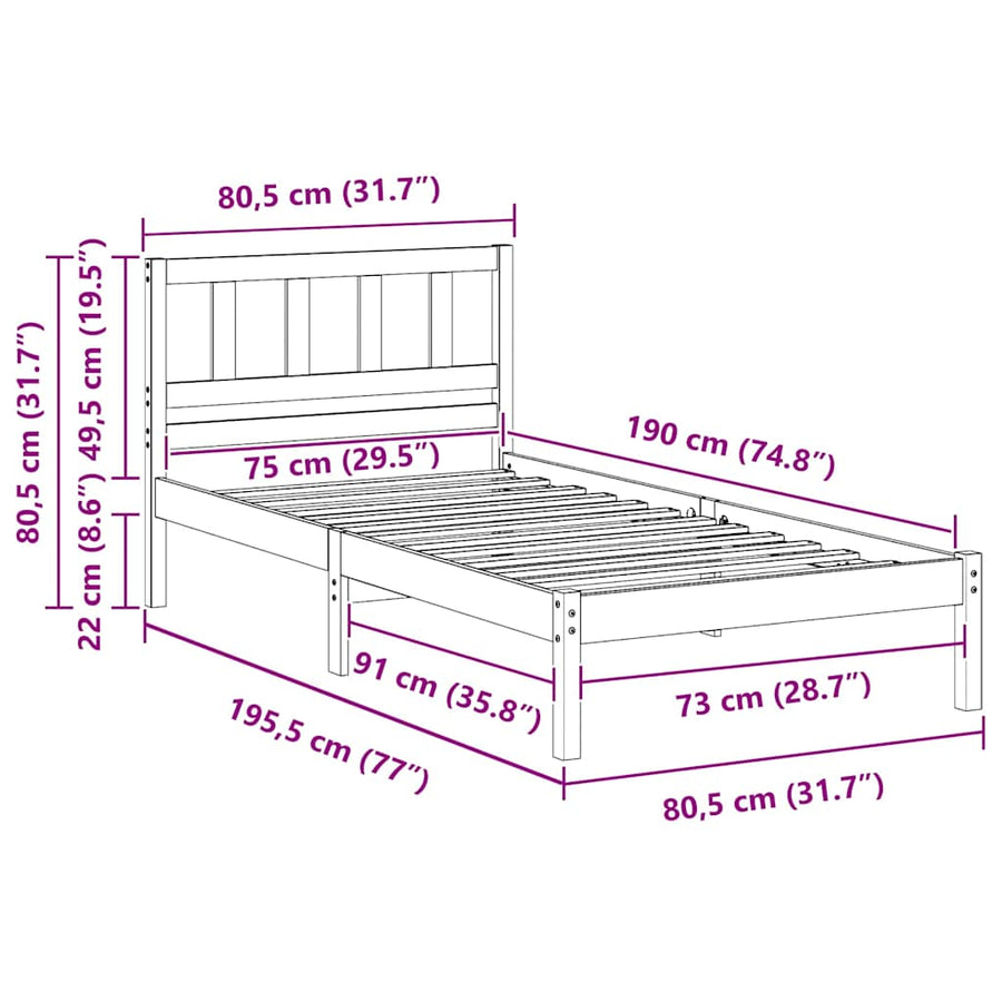 Bedframe met hoofdeinde Bruin 75 x 190 cm Massief grenenhout