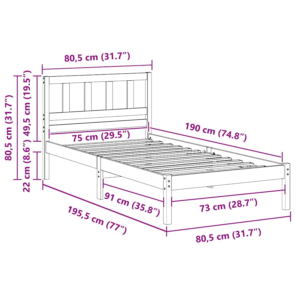 Bedframe met hoofdeinde Wit 75 x 190 cm Massief grenenhout
