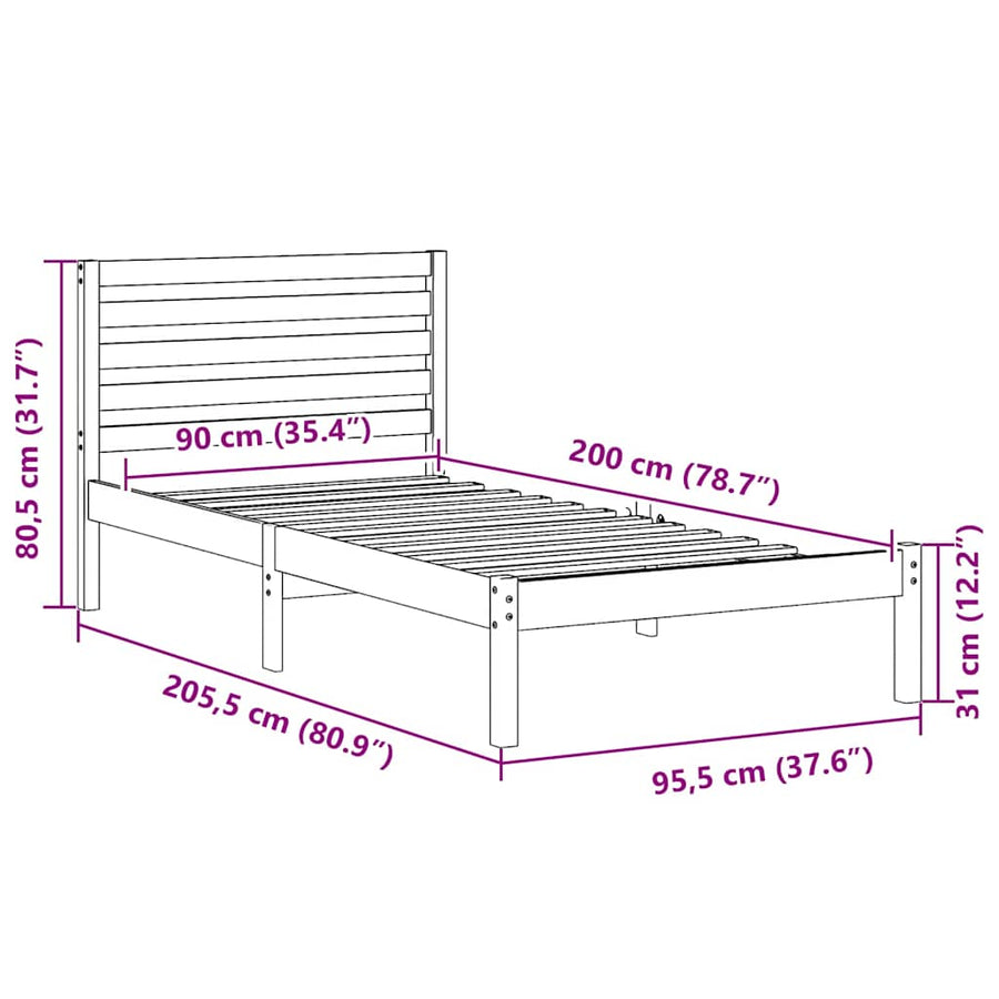 Bedframe met hoofdeinde Wasbruin 90 x 200 cm Massief grenenhout