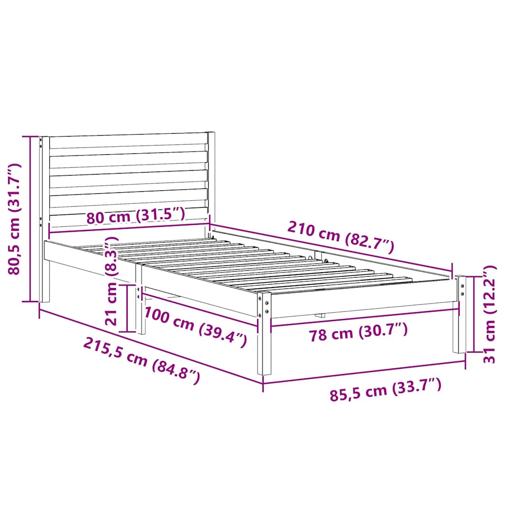 Bedframe met hoofdeinde Wit 80 x 210 cm Massief grenenhout