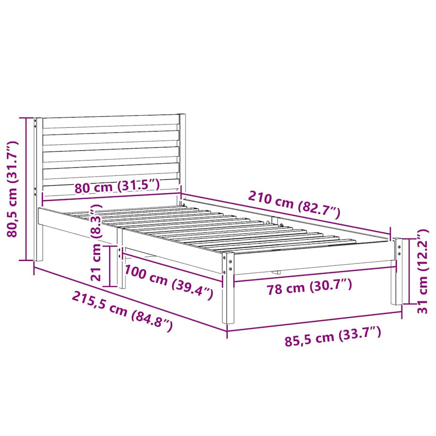 Bedframe met hoofdeinde Wit 80 x 210 cm Massief grenenhout
