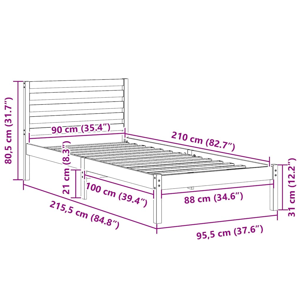 Bedframe met hoofdeinde Wasbruin 90 x 210 cm Massief grenenhout