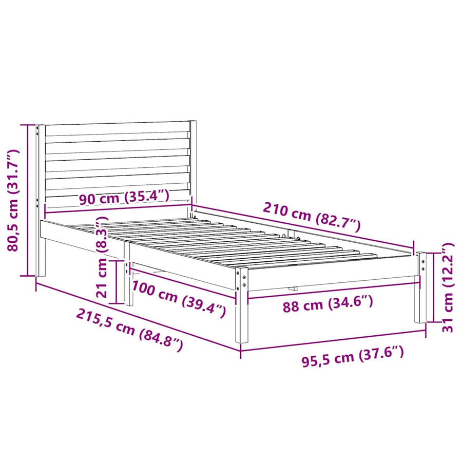 Bedframe met hoofdeinde Wasbruin 90 x 210 cm Massief grenenhout