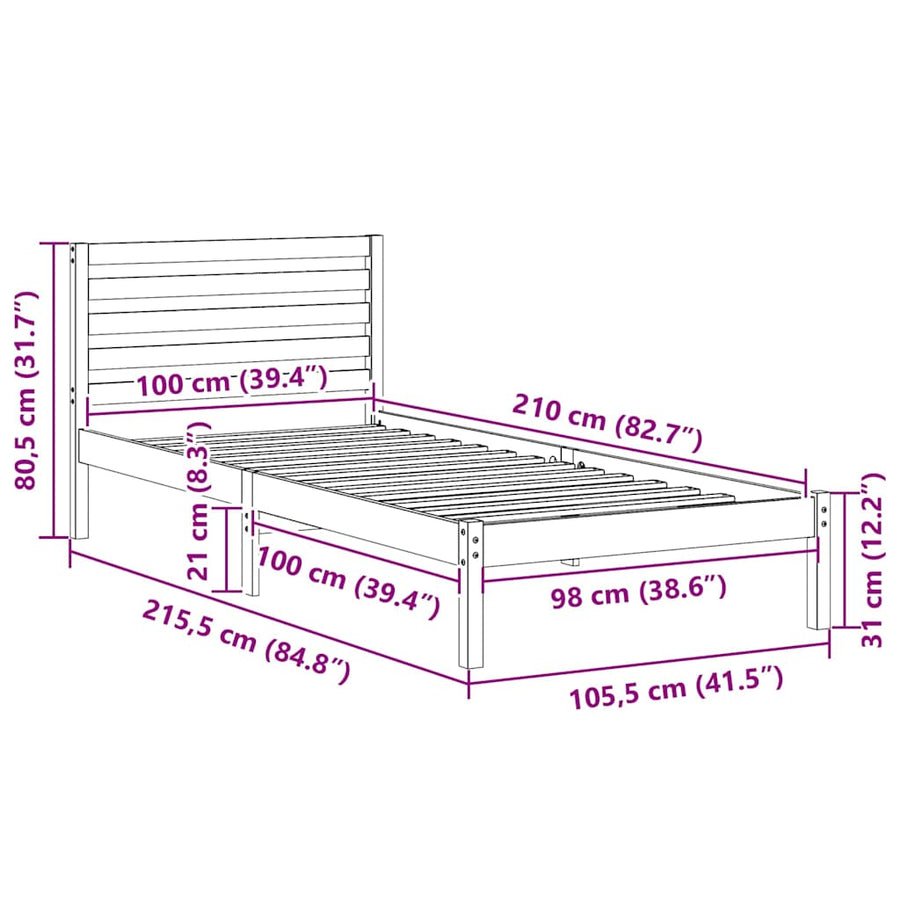 Bedframe met hoofdeinde Bruin 100 x 210 cm Massief grenenhout