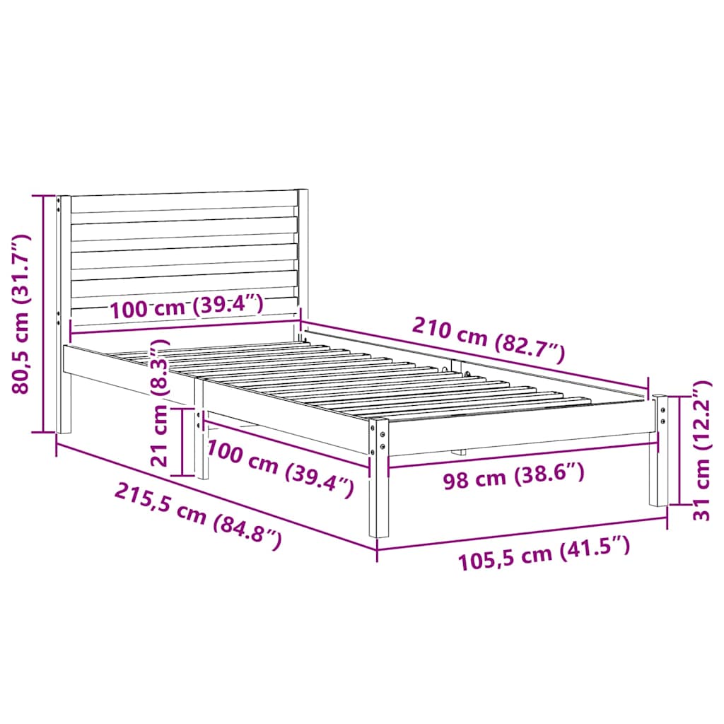Bedframe met hoofdeinde Wit 100 x 210 cm Massief grenenhout