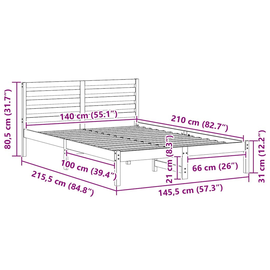 Bedframe met hoofdeinde Bruin 140 x 210 cm Massief grenenhout