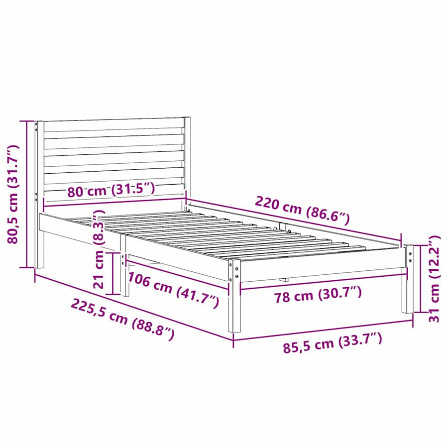 Bedframe met hoofdeinde Wasbruin 80 x 220 cm Massief grenenhout