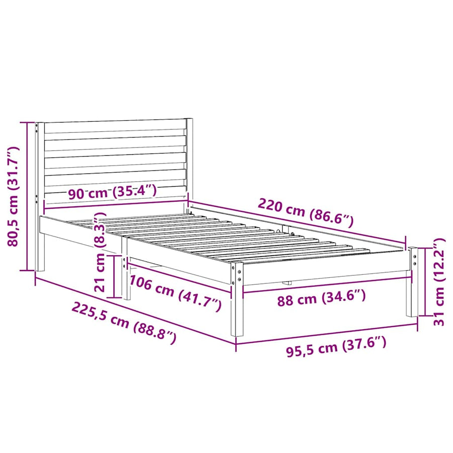 Bedframe met hoofdeinde Wasbruin 90 x 220 cm Massief grenenhout