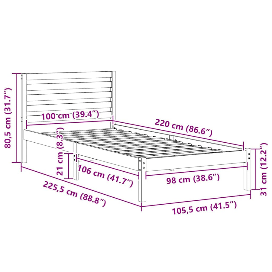 Bedframe met hoofdeinde Bruin 100 x 220 cm Massief grenenhout