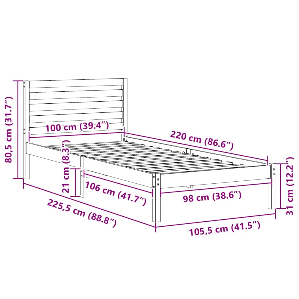 Bedframe met hoofdeinde Wit 100 x 220 cm Massief grenenhout