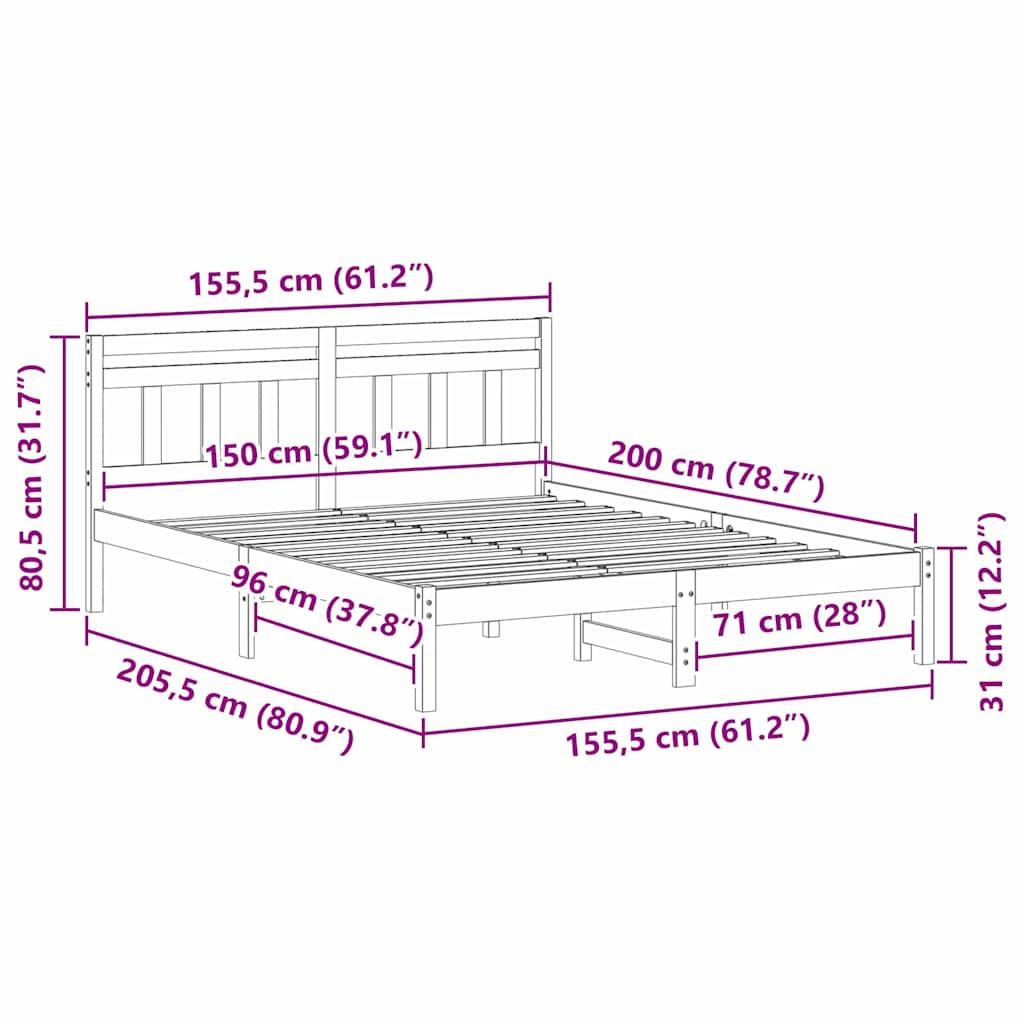 Bedframe met hoofdeinde Wit Standaard Tweepersoons Grenenhout