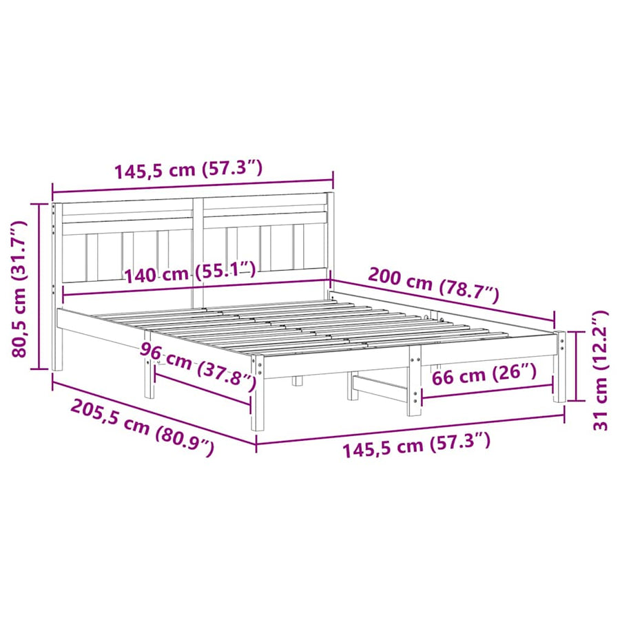 Bedframe met hoofdeinde Wit 140 x 200 cm Massief grenenhout