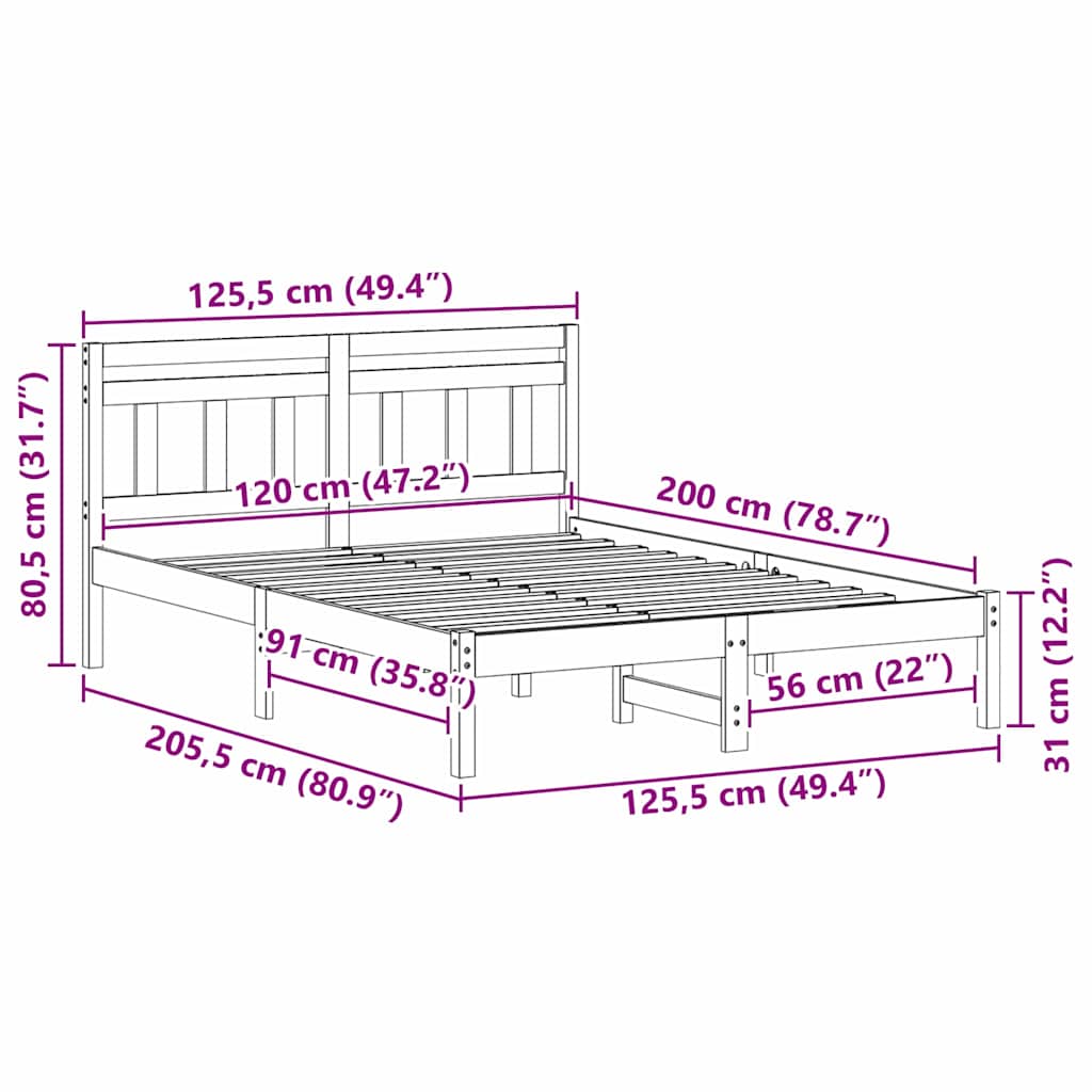 Bedframe met hoofdeinde Bruin 120 x 200 cm Massief grenenhout