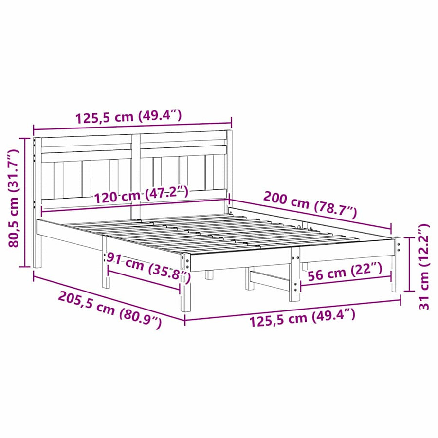 Bedframe met hoofdeinde Bruin 120 x 200 cm Massief grenenhout