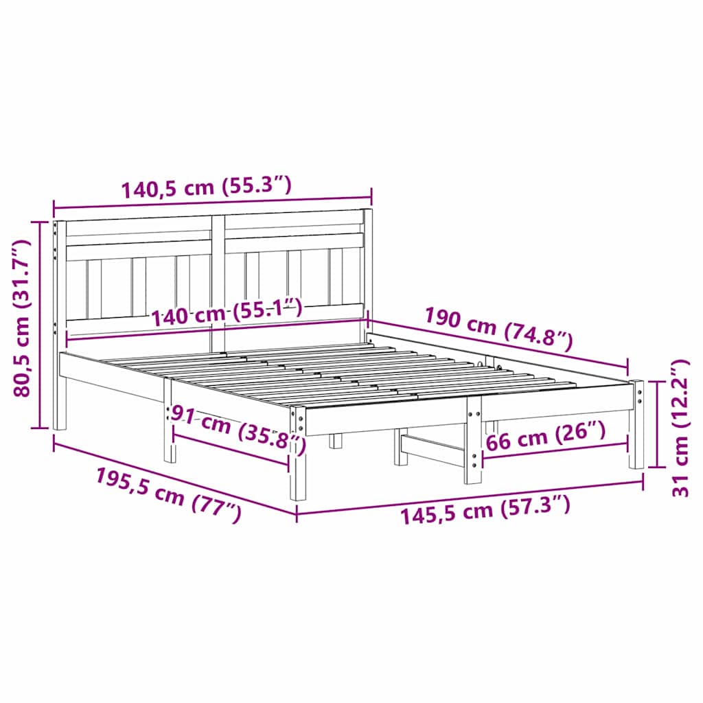 Bedframe met hoofdeinde Bruin 140 x 190 cm Massief grenenhout