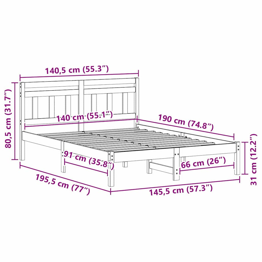 Bedframe met hoofdeinde Bruin 140 x 190 cm Massief grenenhout