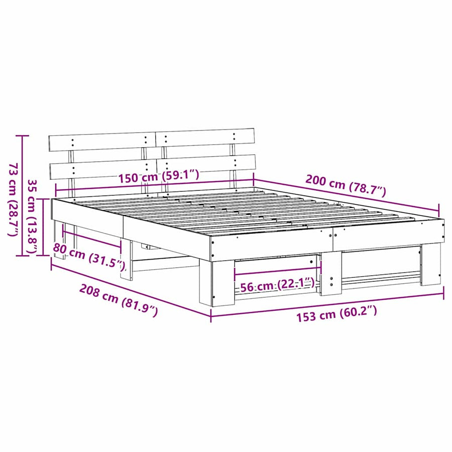 Bedframe met hoofdeinde Wit 150 x 200 cm Massief grenenhout