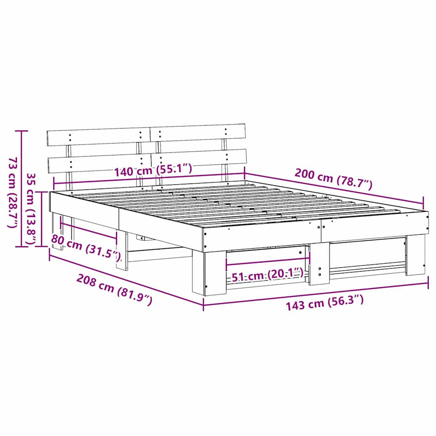 Bedframe met hoofdeinde Wit 140 x 200 cm Massief grenenhout