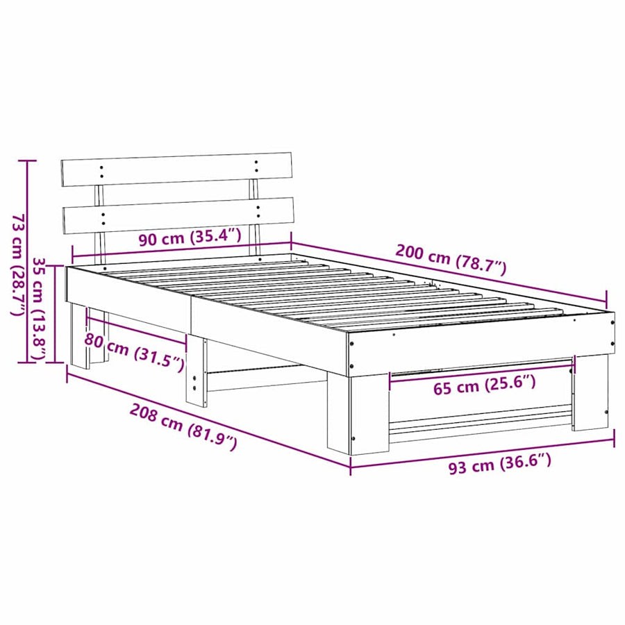 Bedframe met hoofdeinde Bruin 90 x 200 cm Massief grenenhout