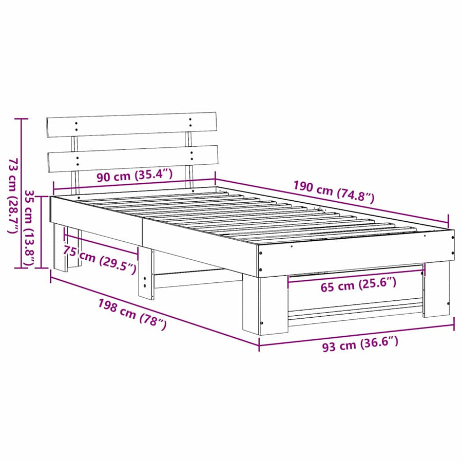 Bedframe met hoofdeinde Bruin 90 x 190 cm Massief grenenhout