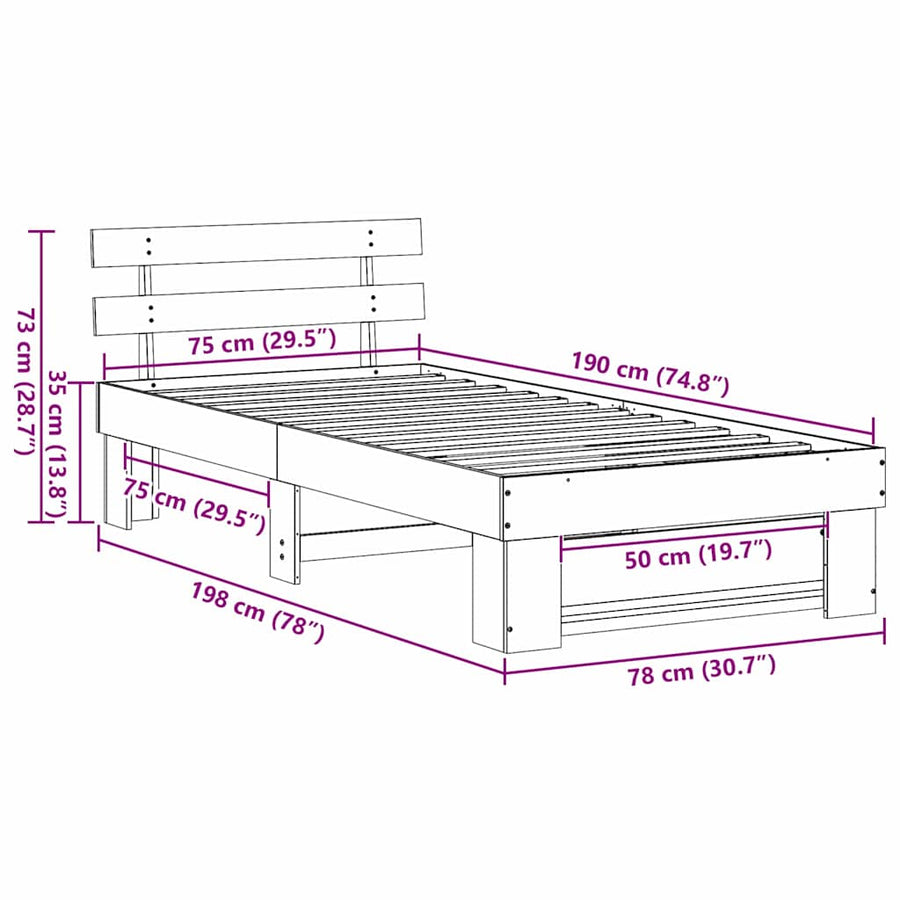 Bedframe met hoofdeinde Bruin 75 x 190 cm Massief grenenhout