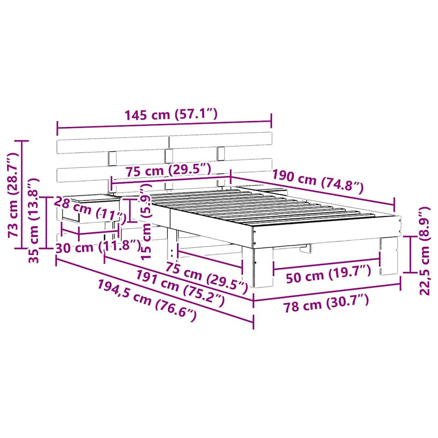 Bedframe met lade met hoofdeinde Wit 75 x 190 cm Massief grenenhout