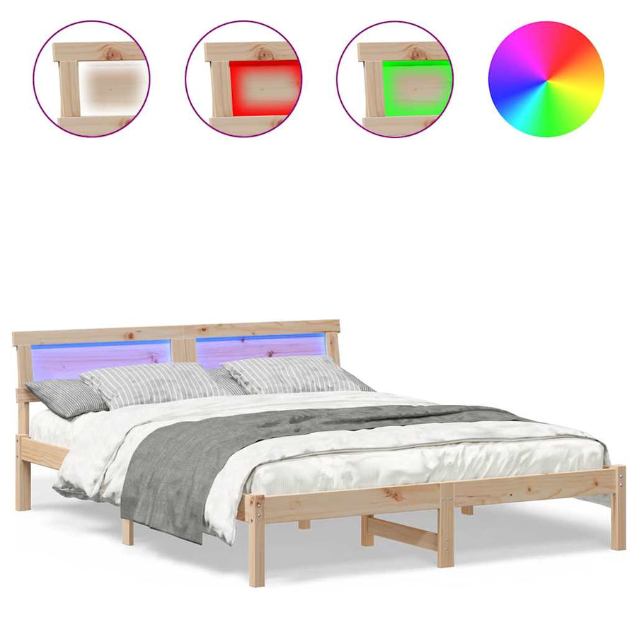 Bedframe met LED -striplichten met hoofdeinde Bruin 140 x 200 cm Grenenhout