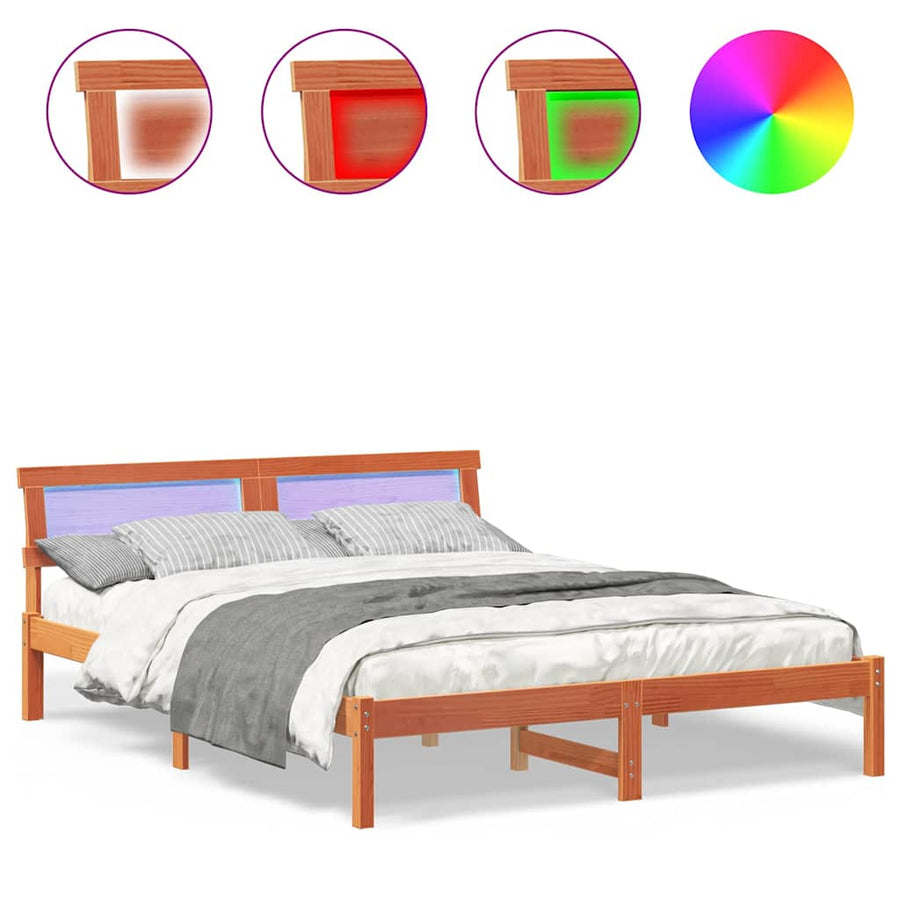Bedframe met LED -striplichten met hoofdeinde Wasbruin 140 x 200 cm Grenenhout