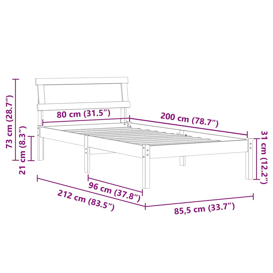 Bedframe met LED -striplichten met hoofdeinde Wit 80 x 200 cm Grenenhout