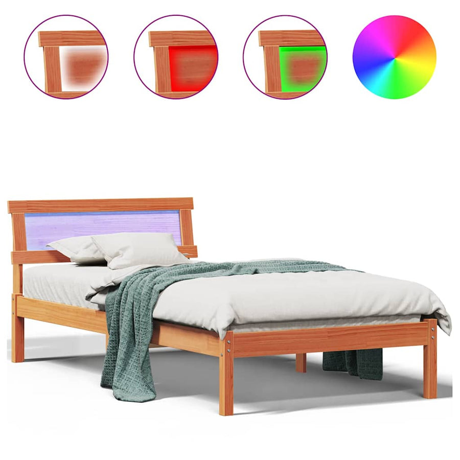 Bedframe met LED -striplichten met hoofdeinde Wasbruin 90 x 190 cm Grenenhout