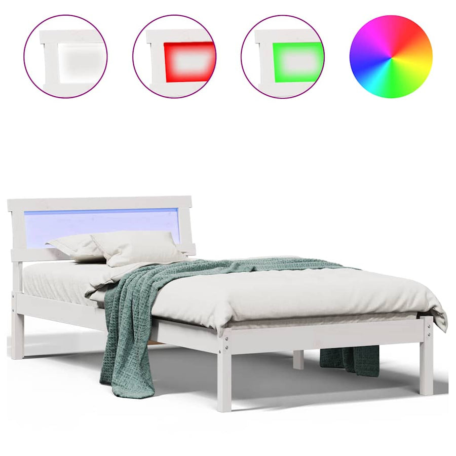 Bedframe met LED -striplichten met hoofdeinde Wit 75 x 190 cm Grenenhout