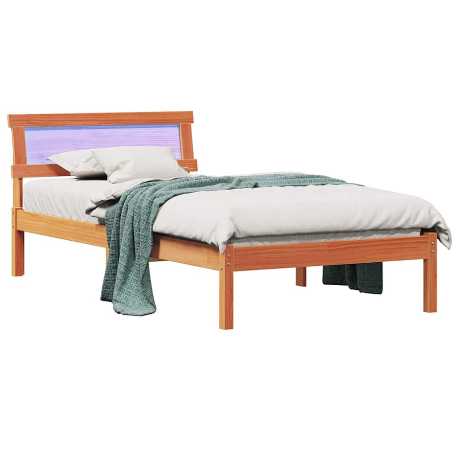 Bedframe met LED -striplichten met hoofdeinde Wasbruin 75 x 190 cm Grenenhout