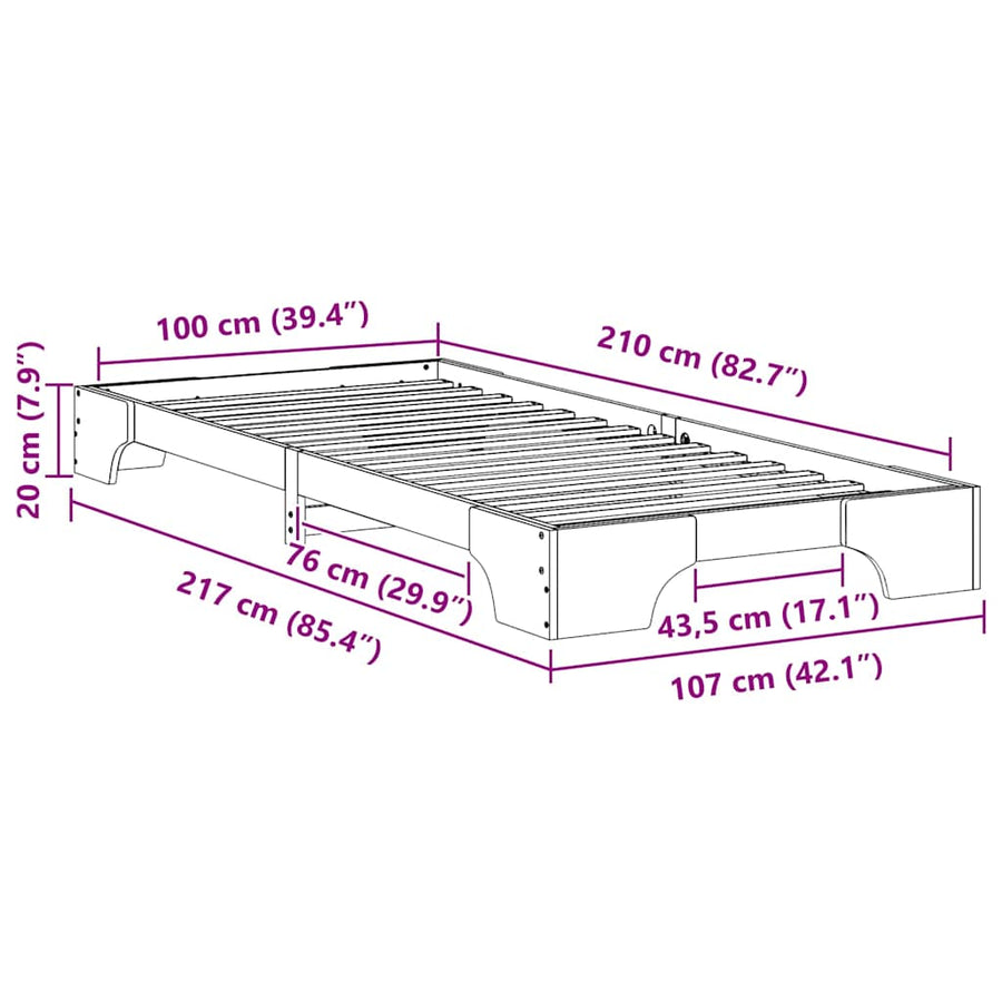 Bedframe met opslag Bruin 100 x 210 cm Massief grenenhout