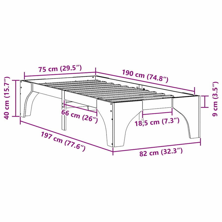 Bedframe met opslag Bruin 75 x 190 cm Massief grenenhout