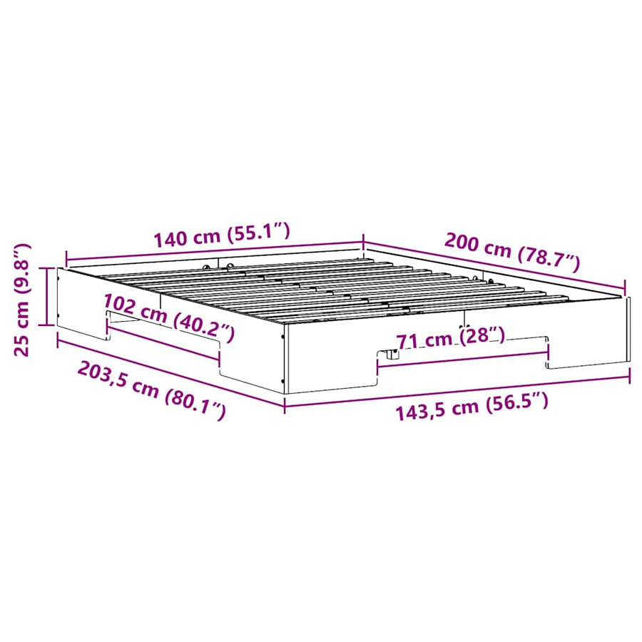 Bedframe met opslag Bruin 140 x 200 cm Massief grenenhout