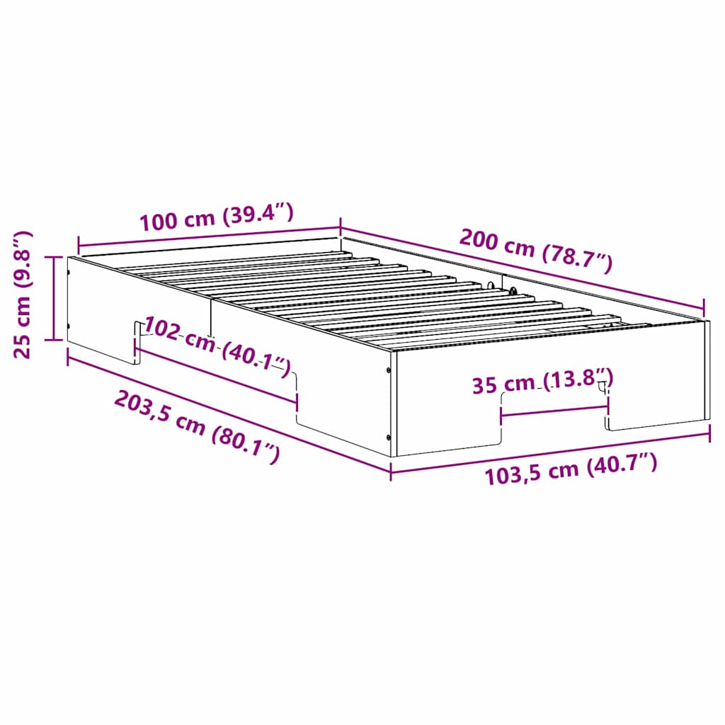 Bedframe met opslag Bruin 100 x 200 cm Massief grenenhout