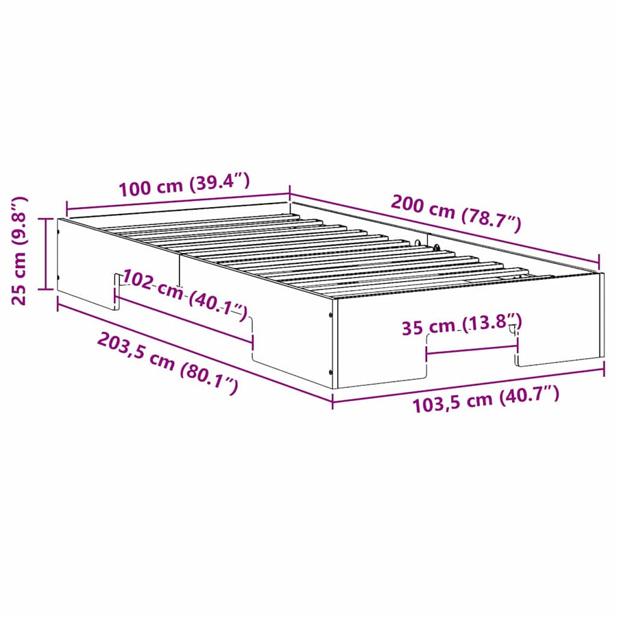 Bedframe met opslag Bruin 100 x 200 cm Massief grenenhout