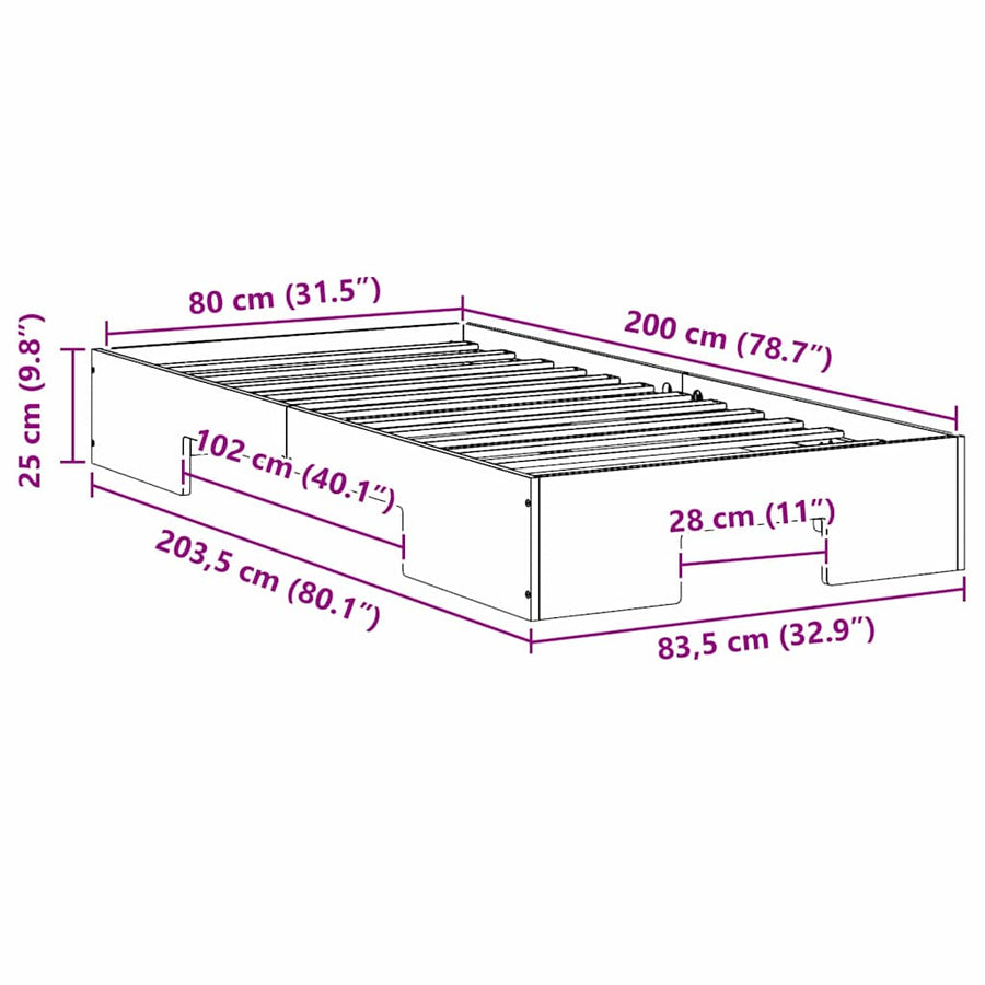 Bedframe met opslag Bruin 80 x 200 cm Massief grenenhout