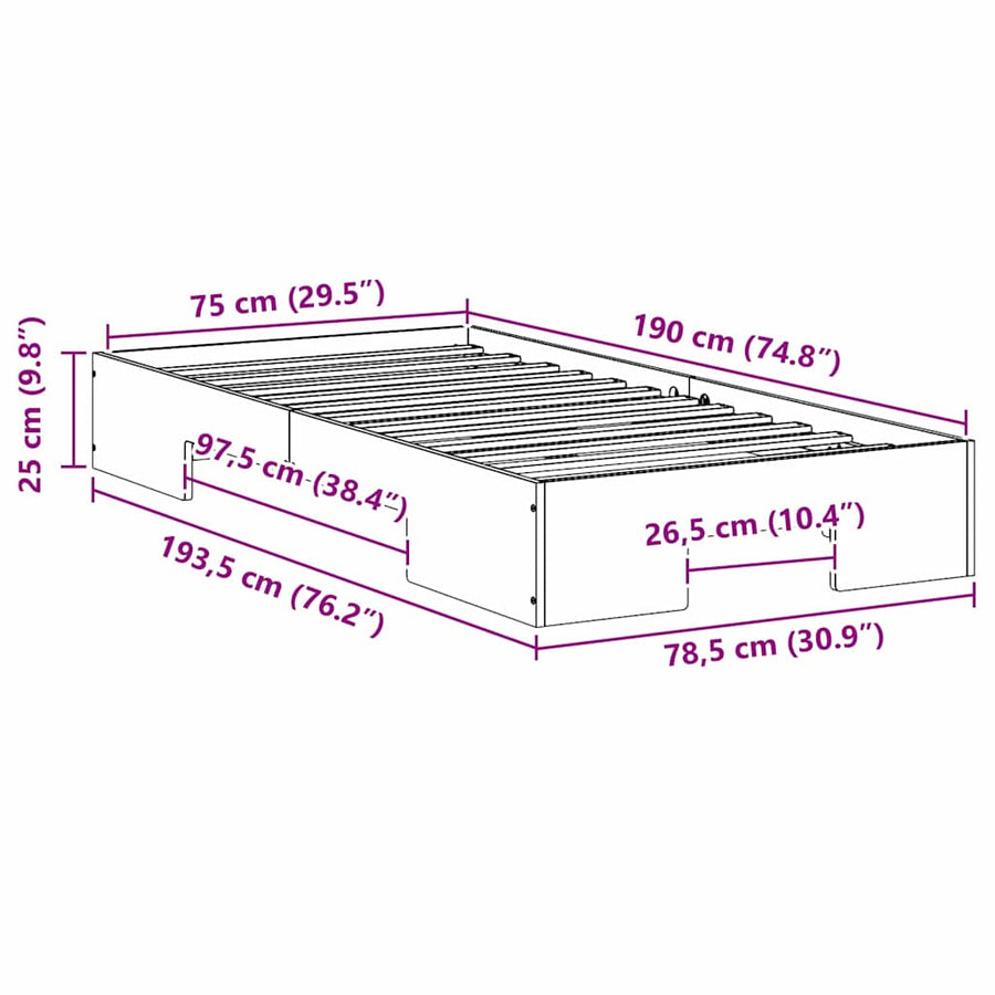 Bedframe met opslag Wit 75 x 190 cm Massief grenenhout