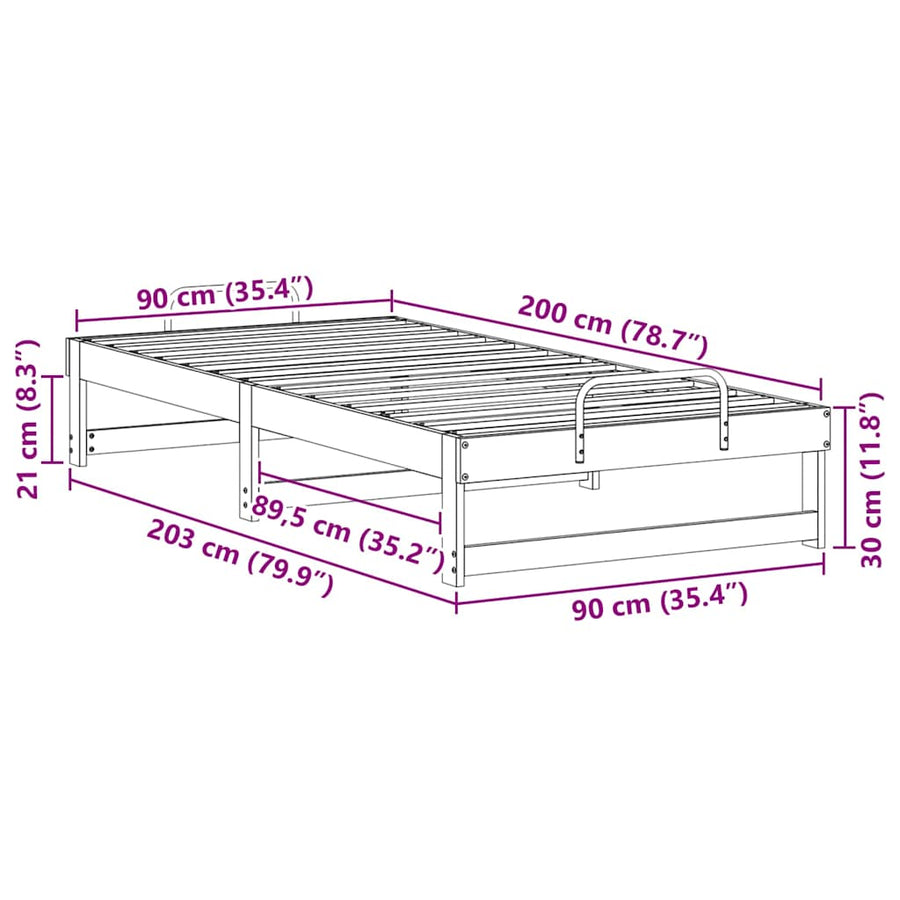 Bedframe met Draaghandvatten Wit 90 x 200 cm Massief grenenhout