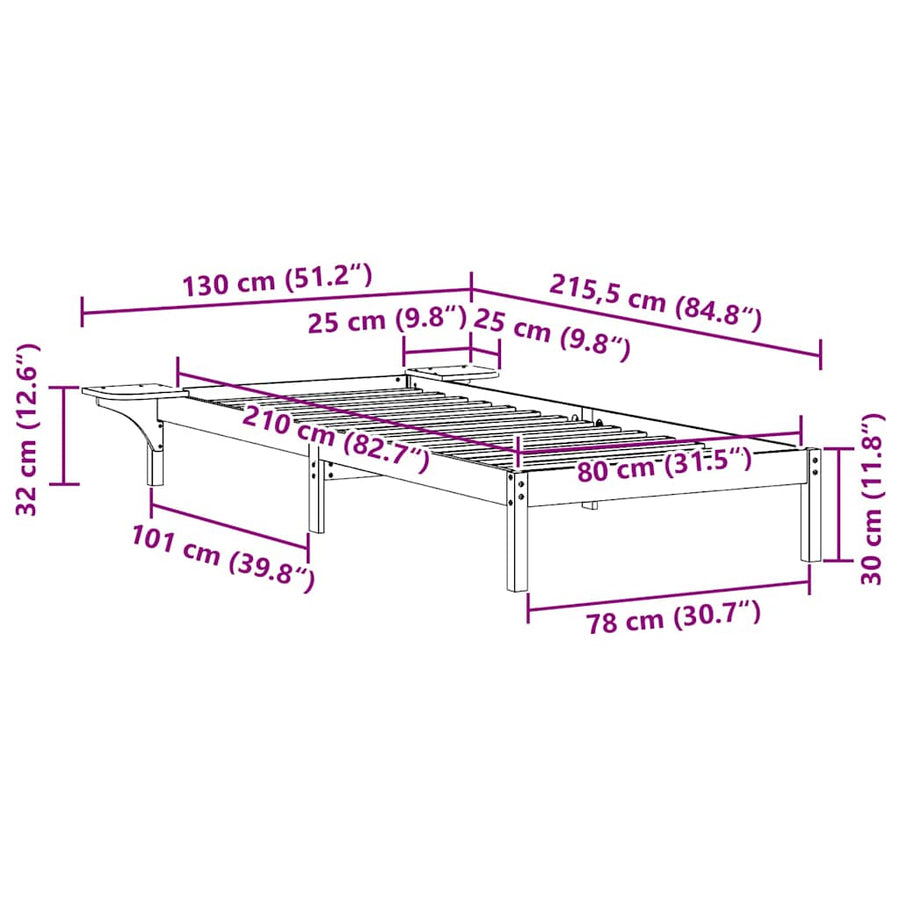 Bedframe met Zijtafels Naturel 80 x 210 cm Massief grenenhout