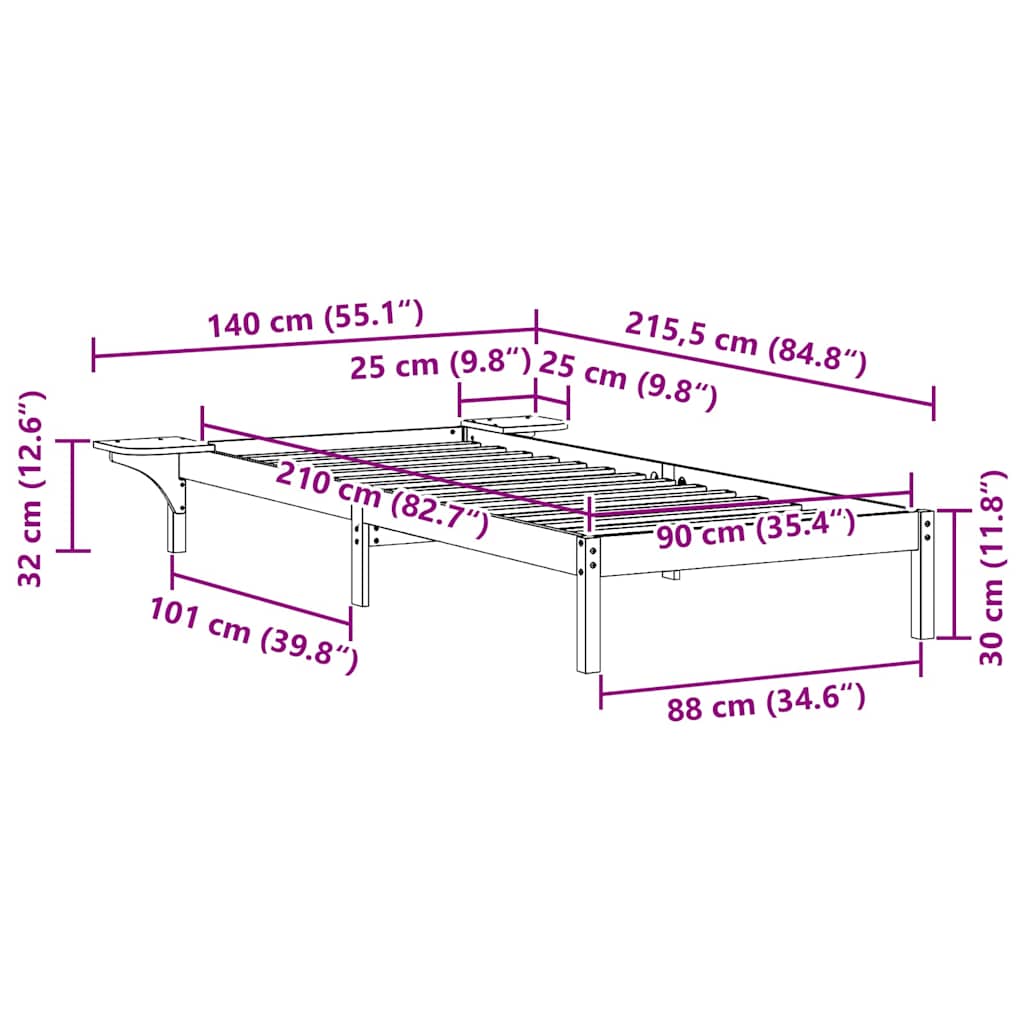 Bedframe met Zijtafels Naturel 90 x 210 cm Massief grenenhout