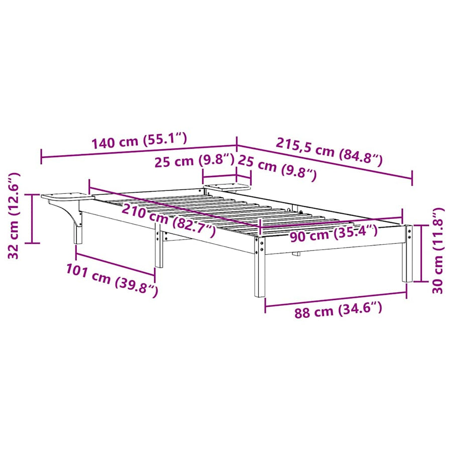 Bedframe met Zijtafels Wasbruin 90 x 210 cm Massief grenenhout