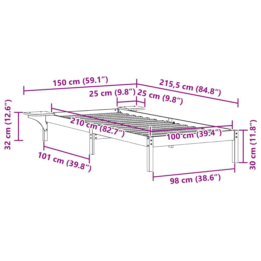 Bedframe met Zijtafels Wasbruin 100 x 210 cm Massief grenenhout