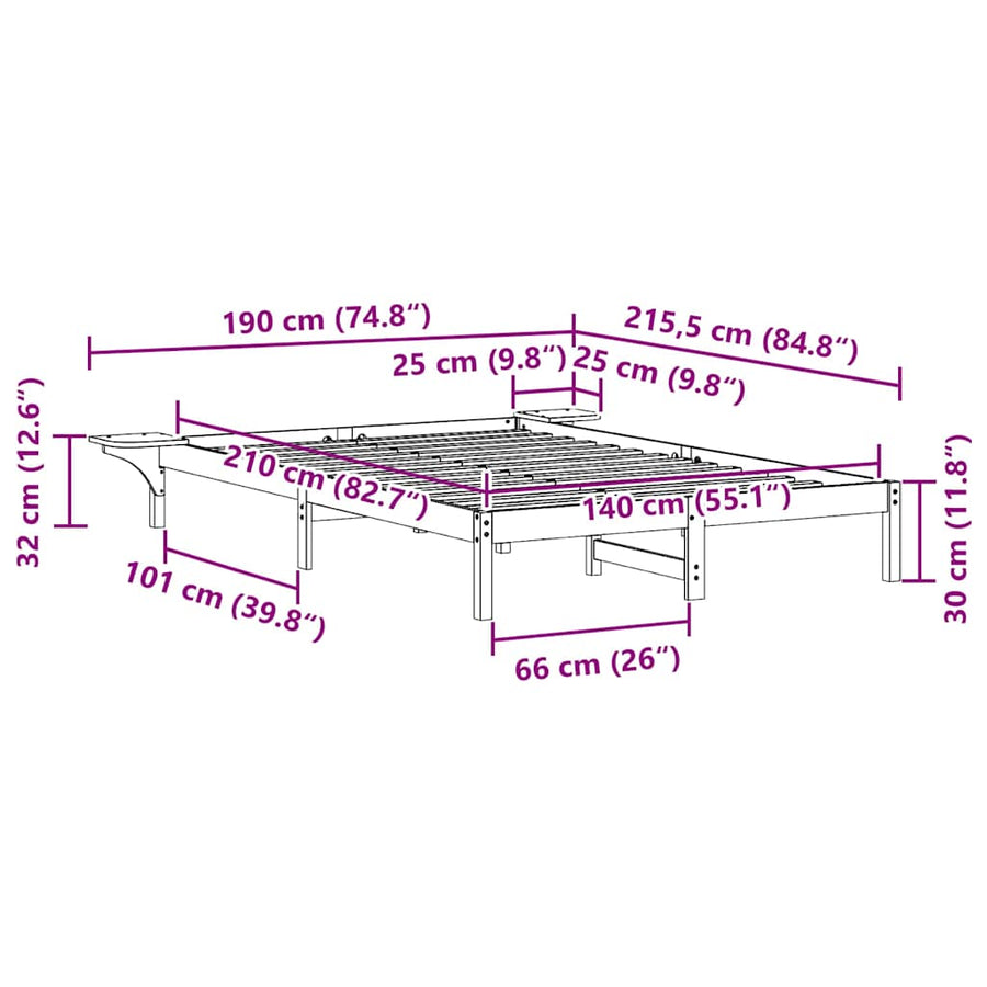 Bedframe met Zijtafels Wit 140 x 210 cm Massief grenenhout