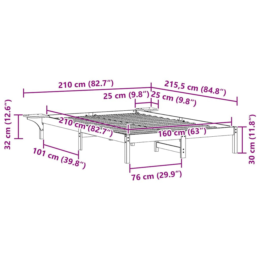 Bedframe met Zijtafels Naturel 160 x 210 cm Massief grenenhout