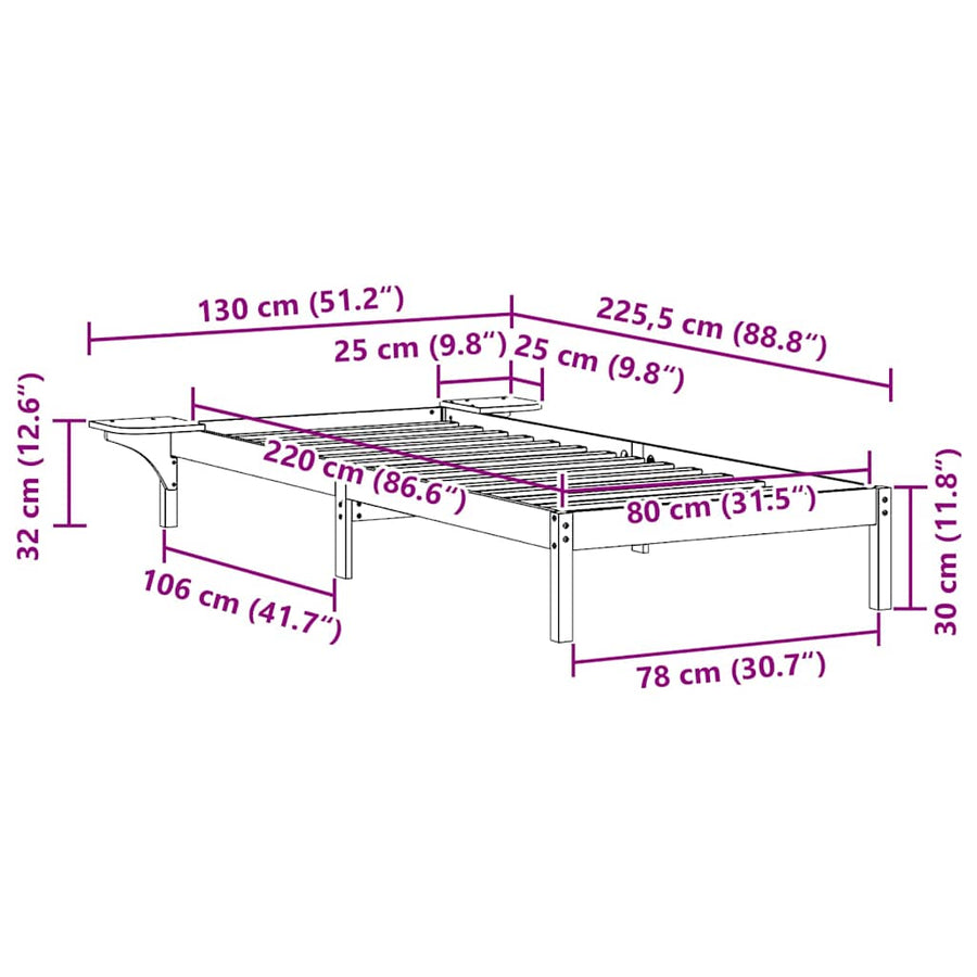 Bedframe met Zijtafels Wasbruin 80 x 220 cm Massief grenenhout